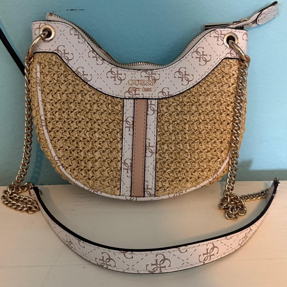 Guess Tan and White Woven Crossbody Bag